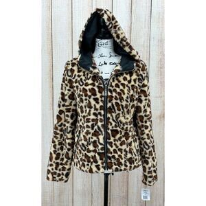 J2 Jou Jou Hooded Jacket Junior Size Small Leopard Plush Faux Fur Lined Full Zip